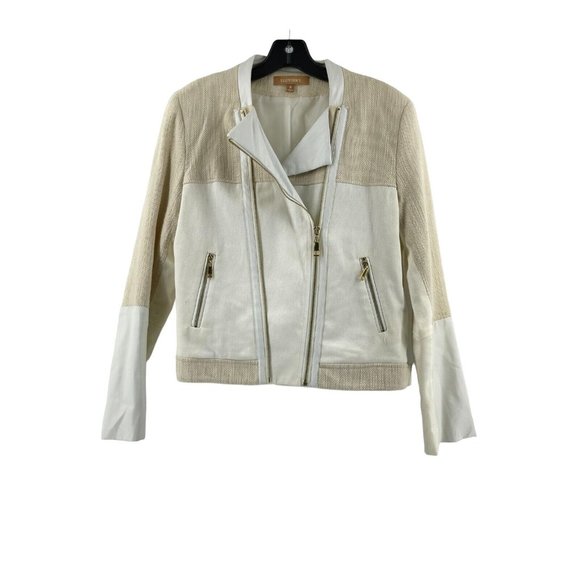 Ellen Tracy Off White Asymmetrical Zip Faux Leather Tweed Crop Jacket Size Med - Picture 2 of 16
